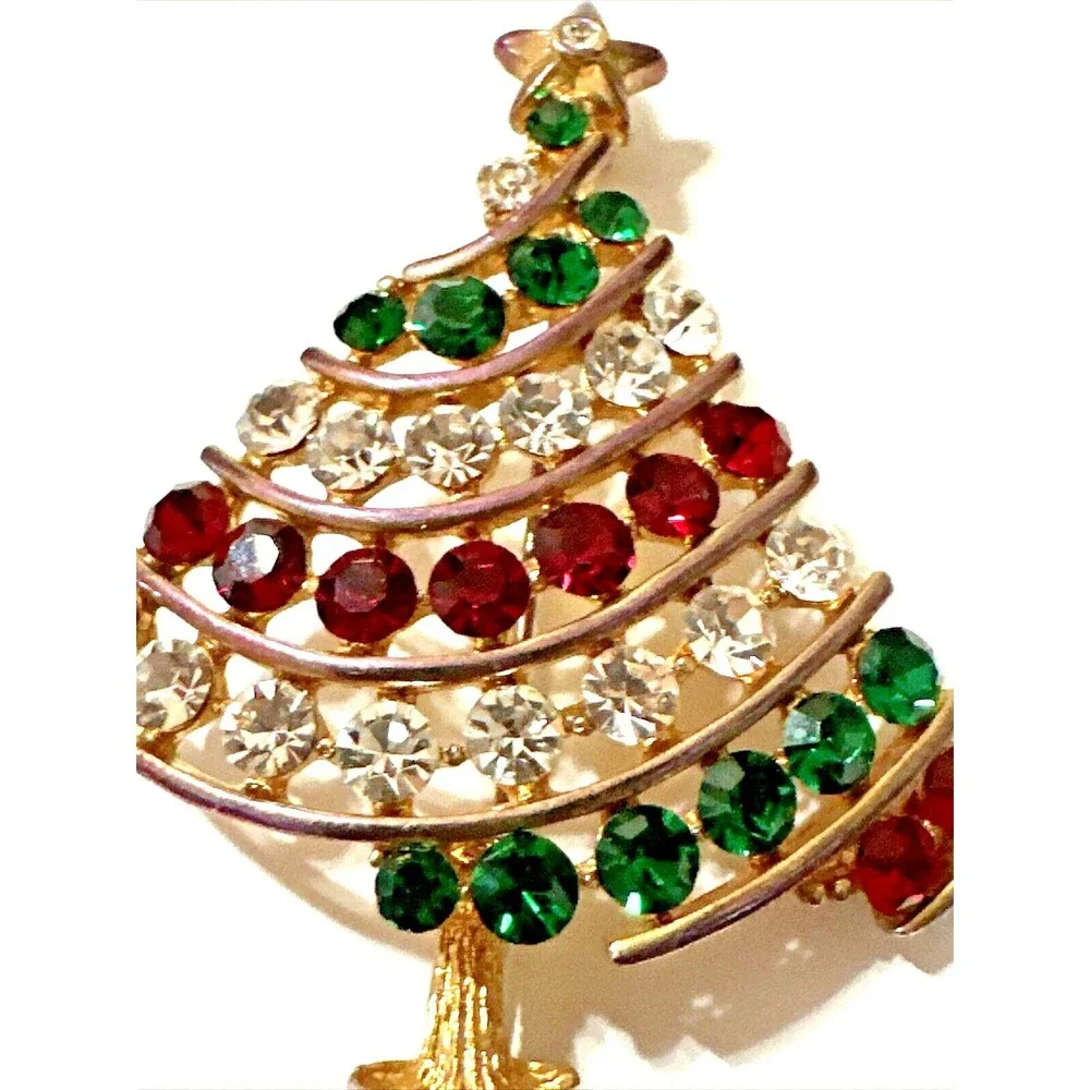 Vintage Christmas Tree Brooch Red Green Clear Rhinestones Gold Tone Mid Century